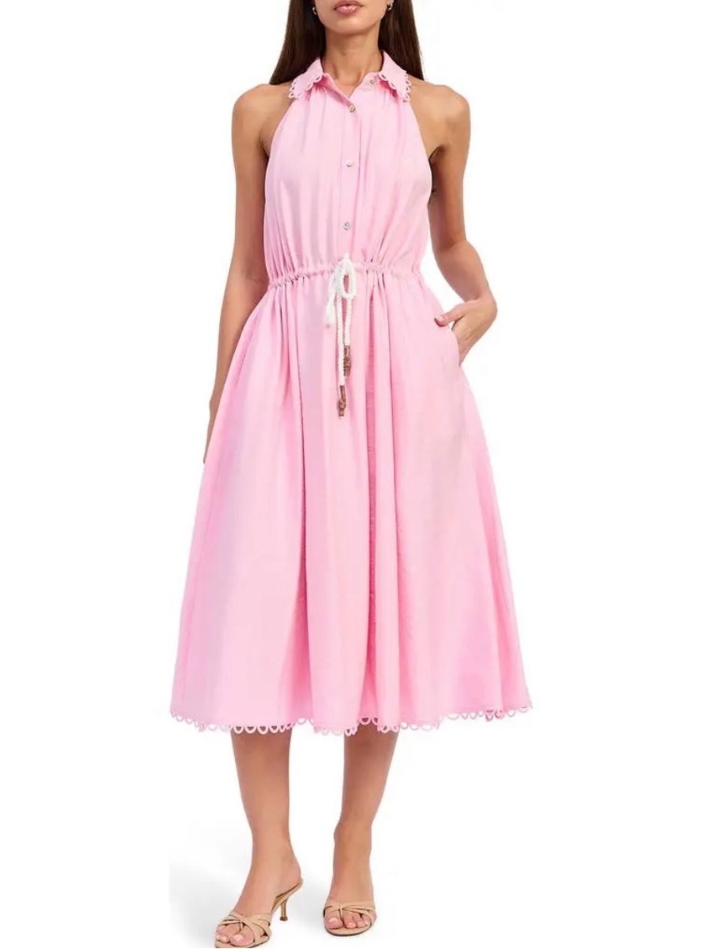 En Saison Brynn Pink Belted Sleeveless Midi Dress Size S